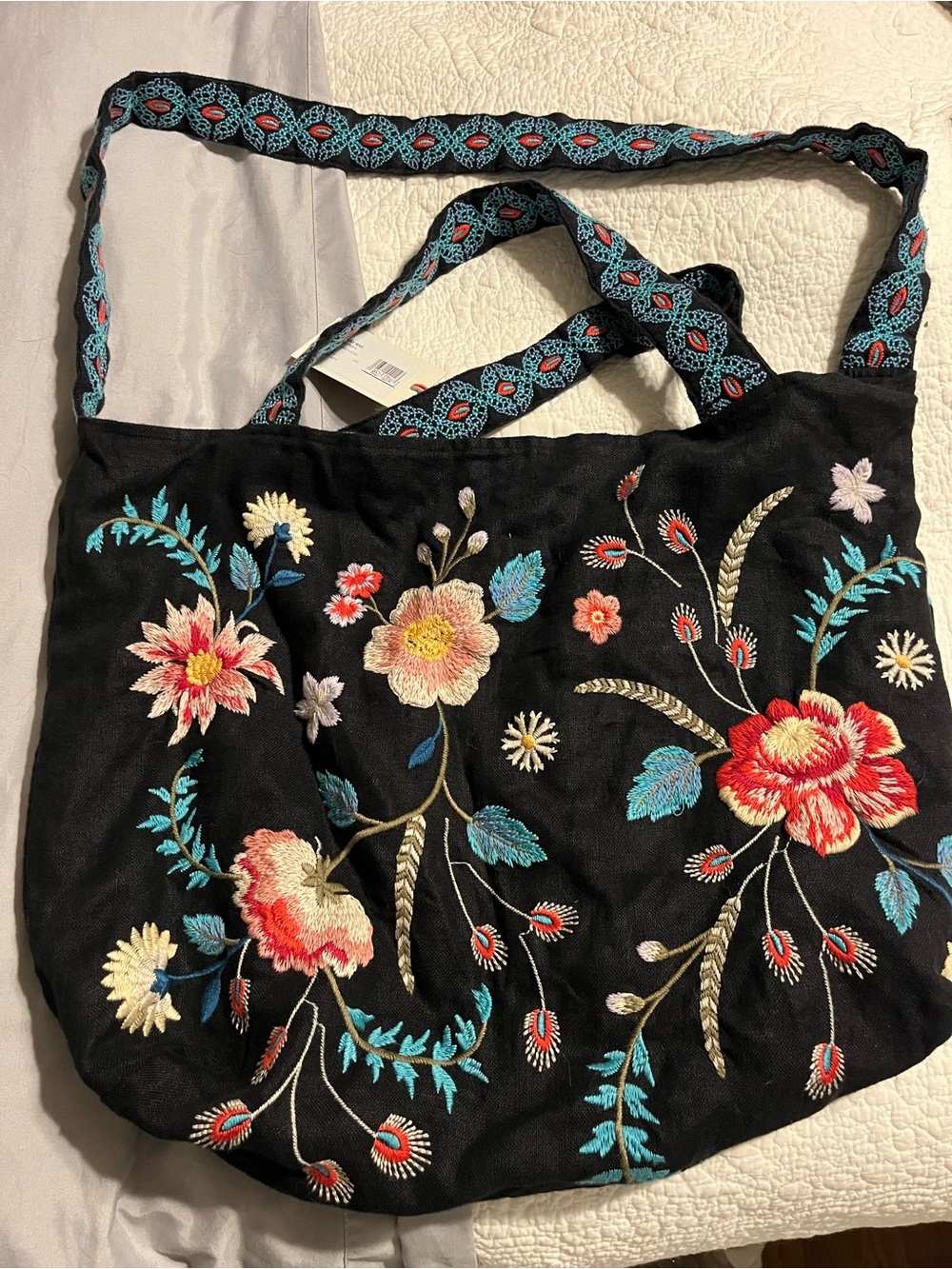 Johnny Was NWT Embroidered Floral Black Shoulder Tote